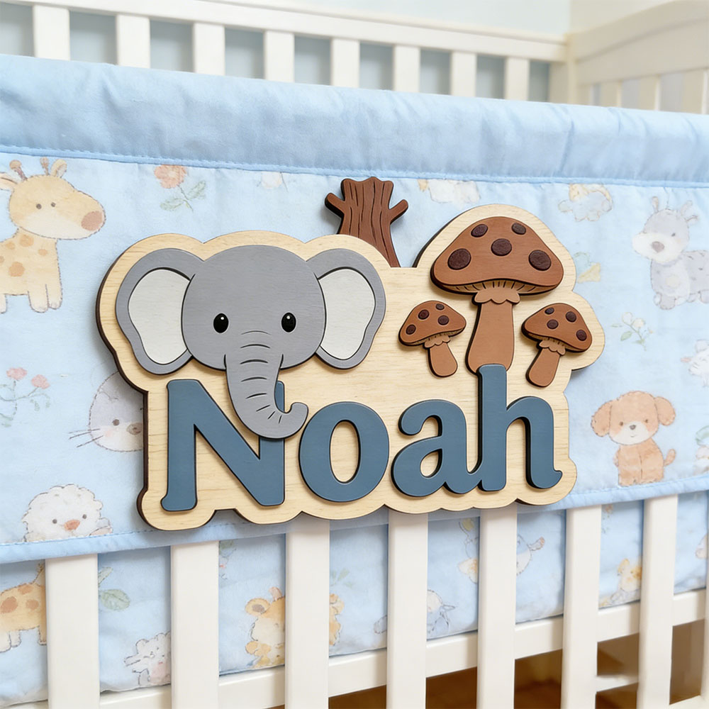 Baby Nursery Forest Theme - Anpassbare Cartoon-Elefanten- & Pilz-Namensplakette Personalisiertes Holztürschild