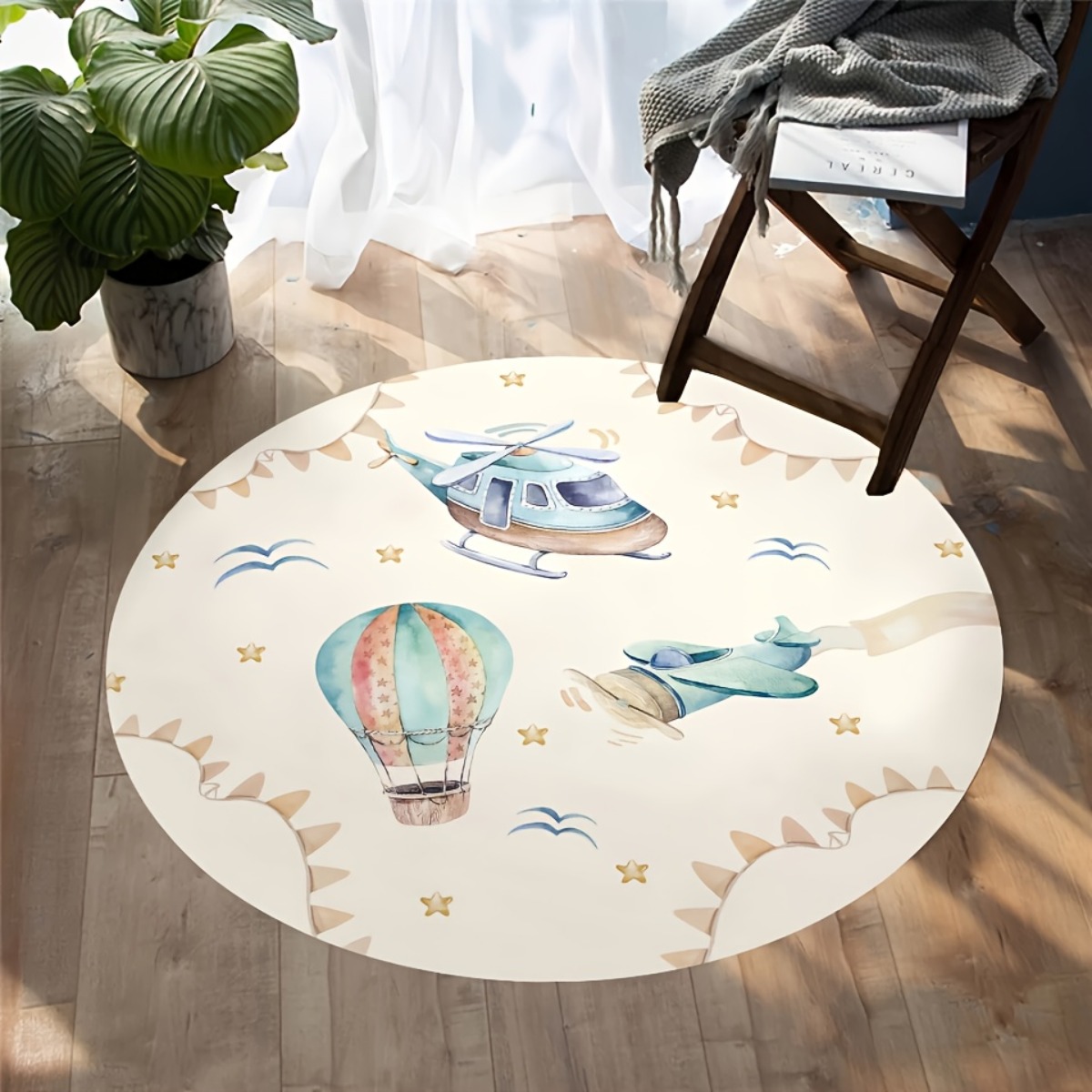 Baby Nursery Rug - Verspielte Heißluftballon-Flugzeug-Spielmatte, Aquarell-Kinderzimmer-Deko-Teppich für Kinderzimmer, Baby-Badezimmer-Bodenmatte