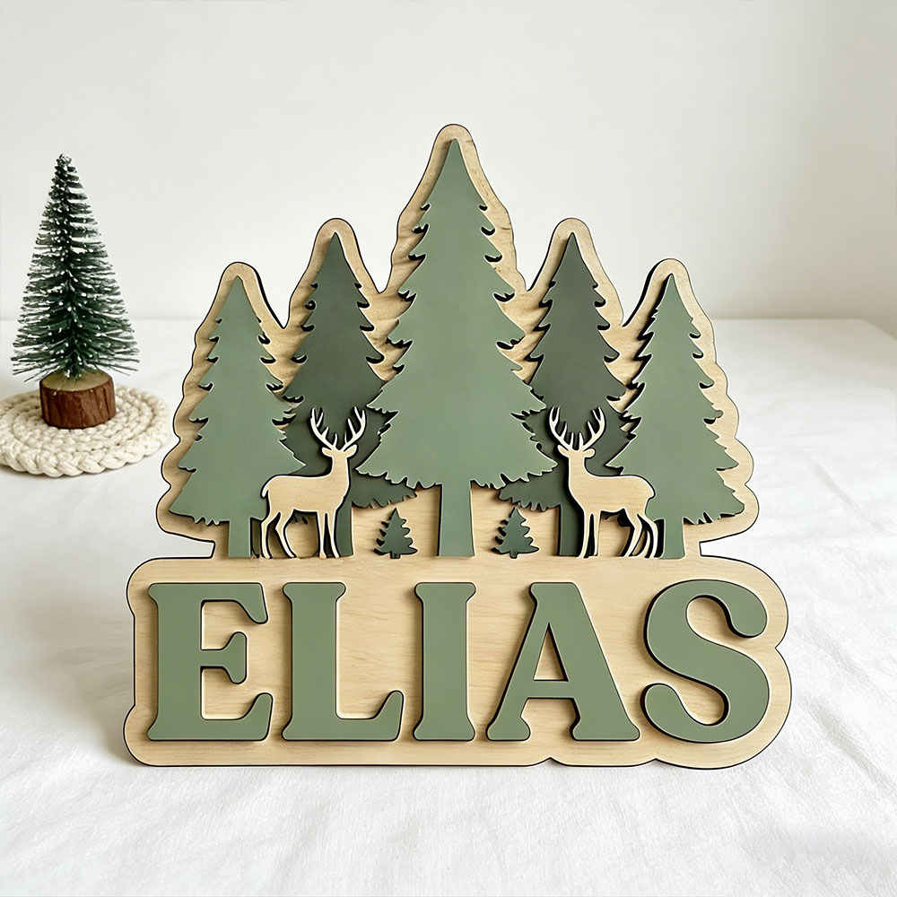 Baby Nursery Forest Theme - Personalisiertes Wald-Elch-Kiefern-Türschild für Kinderzimmer, Individuelles Nordisches