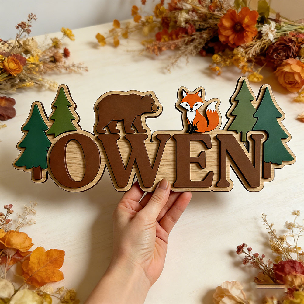 Baby Nursery Forest Theme - Personalisiertes Waldland-Bär-Fuchs-Namensschild für Kinderzimmer Individuelles Dschungel-Abenteuer-Themen