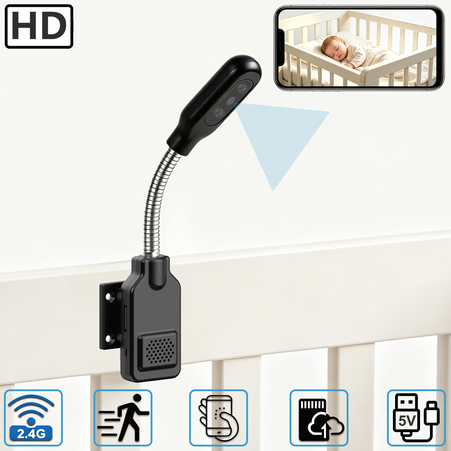 Baby Nursery Camera - Flexible Schwanenhals-Baby- und Haustier-Überwachungskamera, WLAN-Sicherheitskamera für