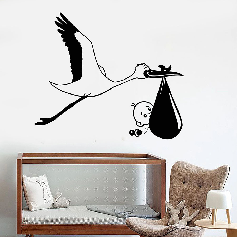 Baby Nursery Murals - Wand Aufkleber Storch Baby Vogel Kindergarten