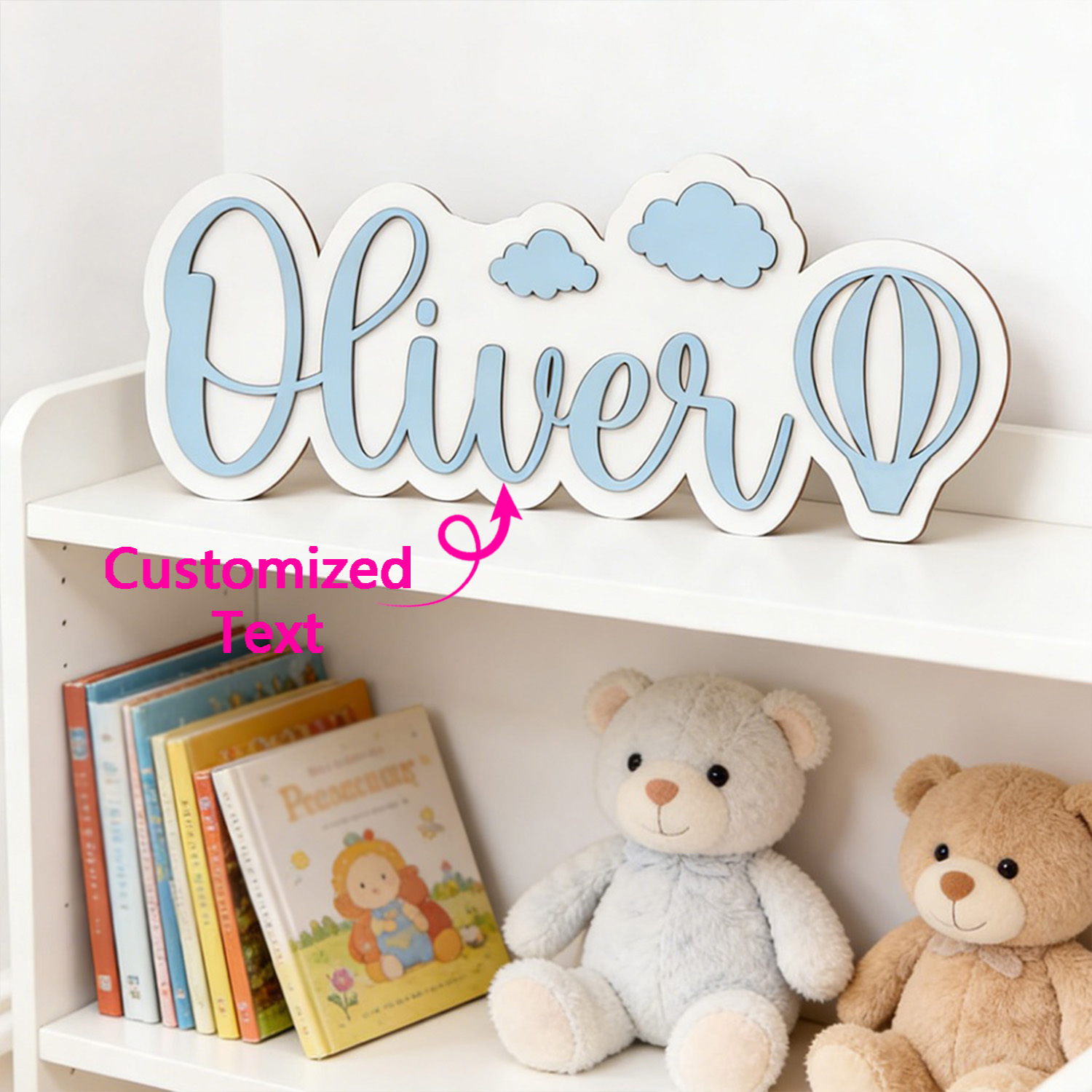 Baby Nursery Sign - Personalisiertes Heißluftballon- & Wolken-Namensschild, Anpassbare Pastellblaue