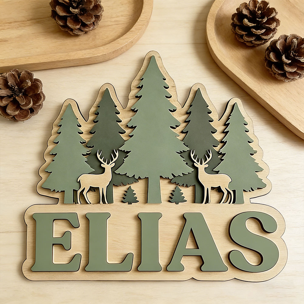 Baby Nursery Forest Theme - Wald-Thema Holzschild mit Hirsch und Kiefer,